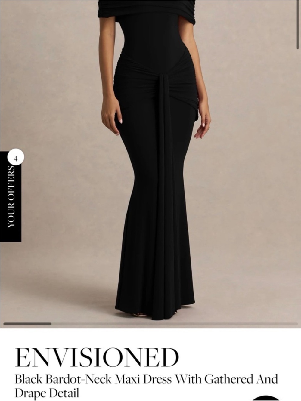 Black Bardot-Neck Maxi Skirt with Gathered Drape Detail